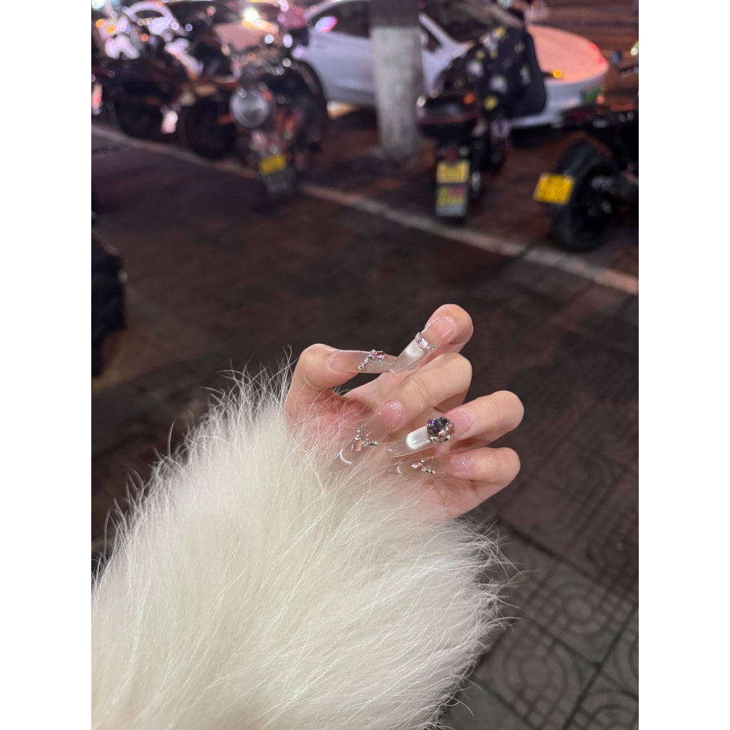 Pink Long-Thin nails with Rhinestone,Glitter,Cat Eye Design ,YZG