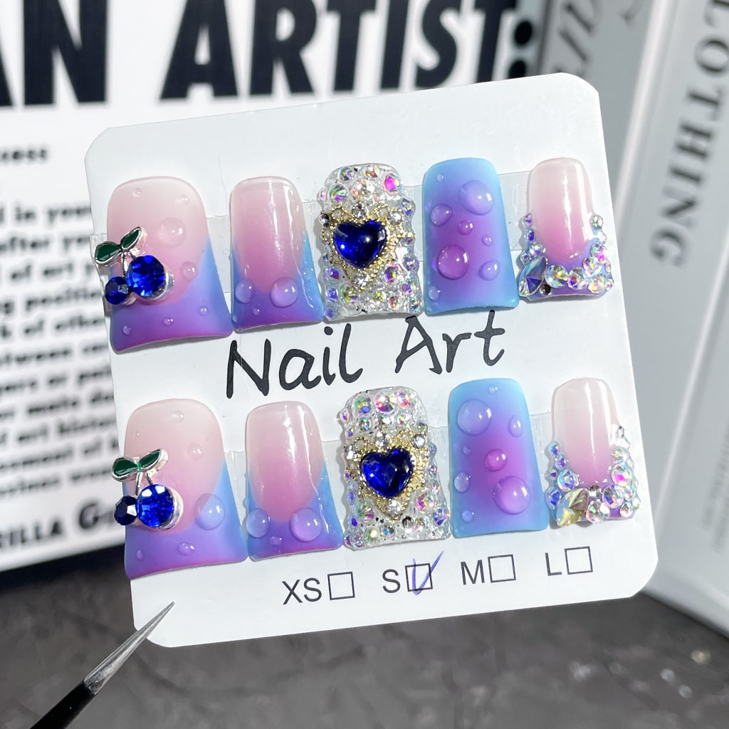 Pink & Purple Duck nails with Rhinestone,Cherry & Heart Charms French & Gradient Style,RJ