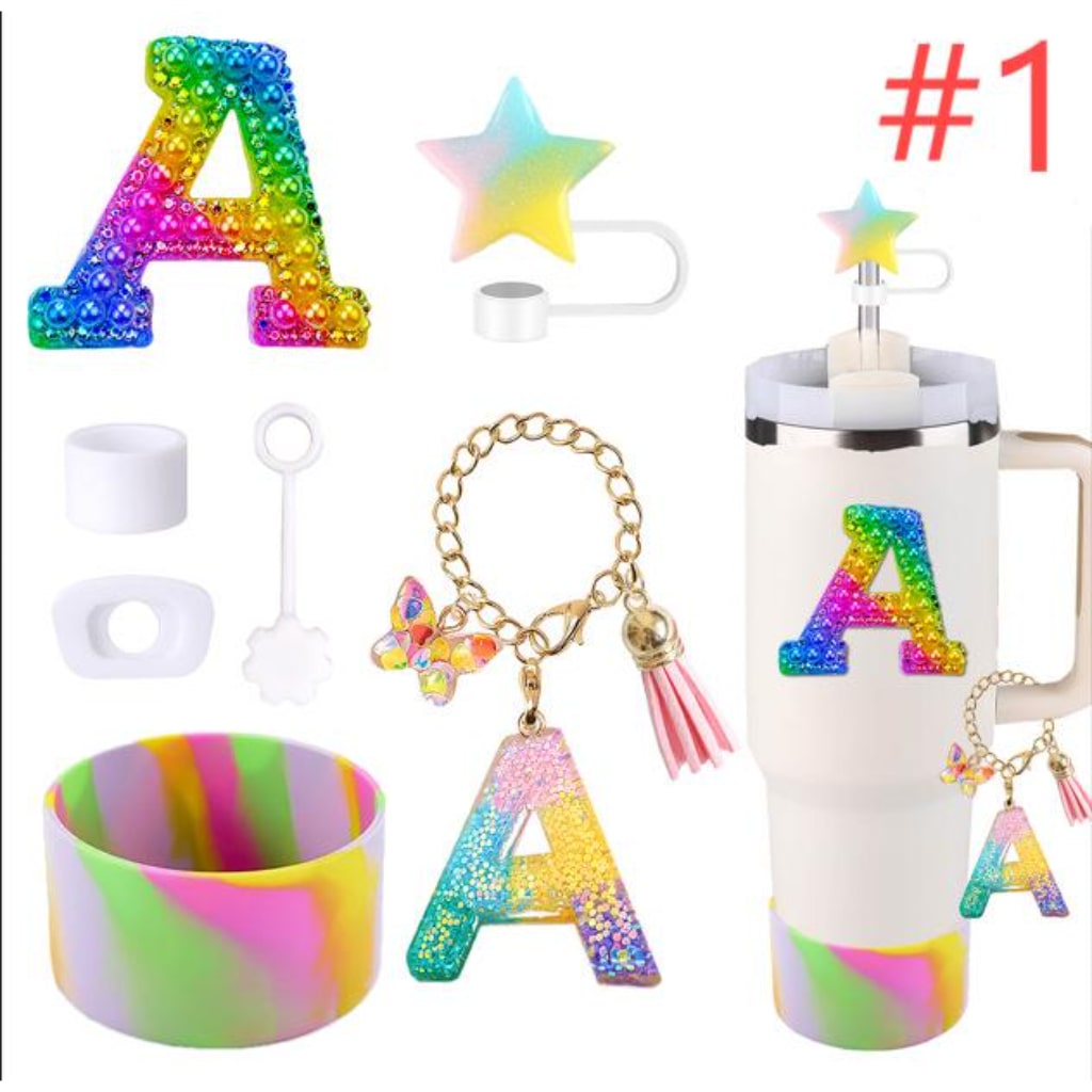 Rainbow Stanley Cups Accessories With Straw Toppers & Butterfly Chains & Silicone cup holder & Letter Chains,5pcs one set
