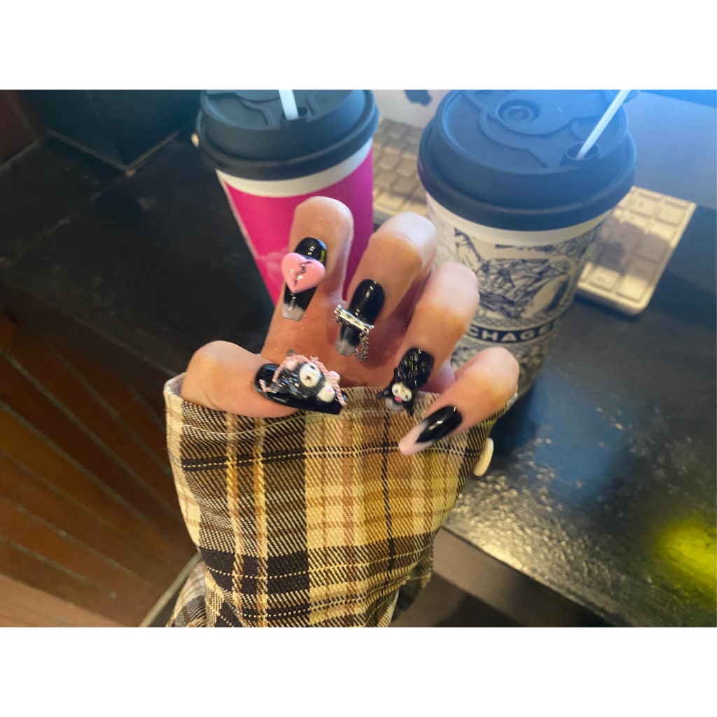 Cartoon KuKu Black nails with Heart Charms and Long Chains ,NK
