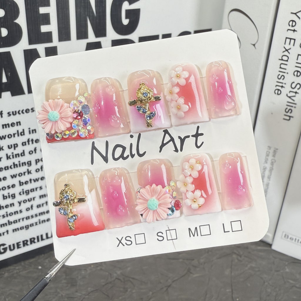 Pink Duck nails with Rhinestone, Flower & Cross Charms,Gradient & French Style,RJ