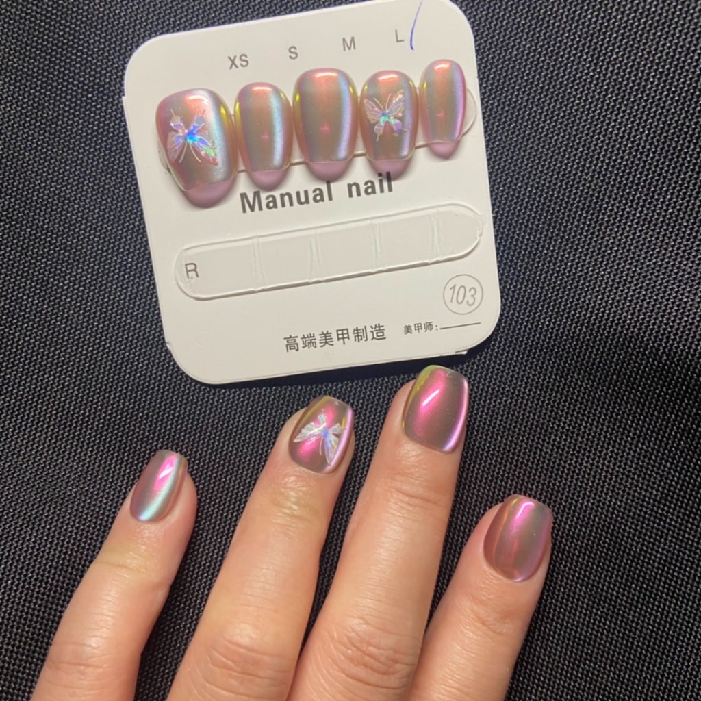 Pink Laser nails with Butterfly Design ,YZG