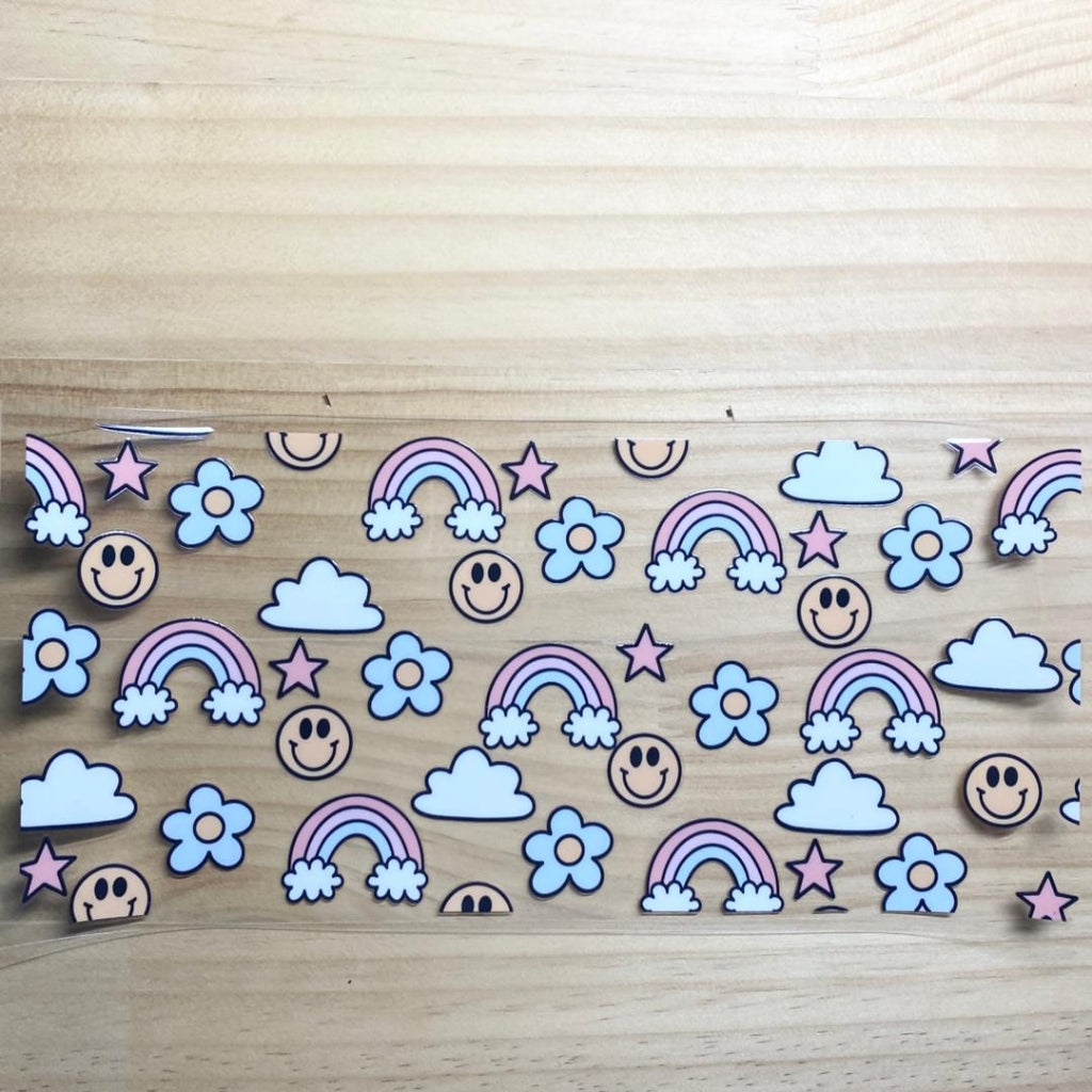 16oz UVDTF Cup Wraps,Smile Face & Rainbow & Flower & Cloud