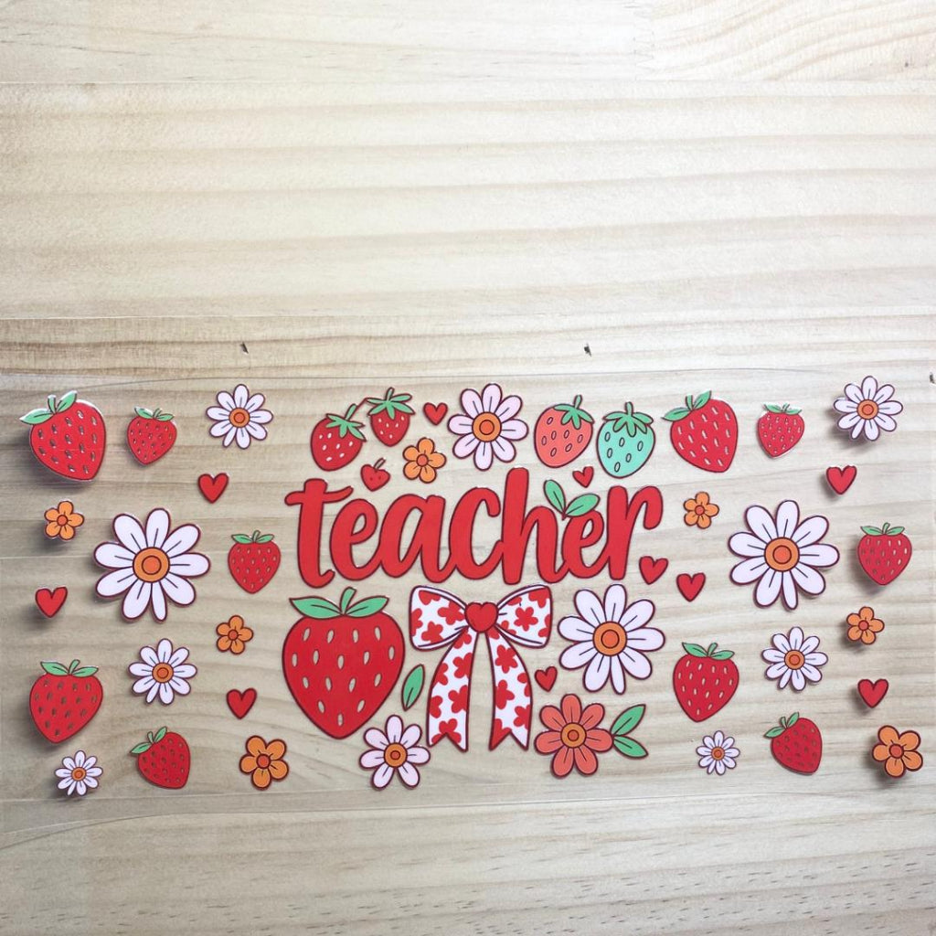 16oz UVDTF Cup Wraps,Teacher & Strawberry & Bow