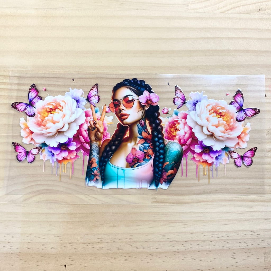 16oz UVDTF Cup Wraps,Tattoo Girl with Flowers