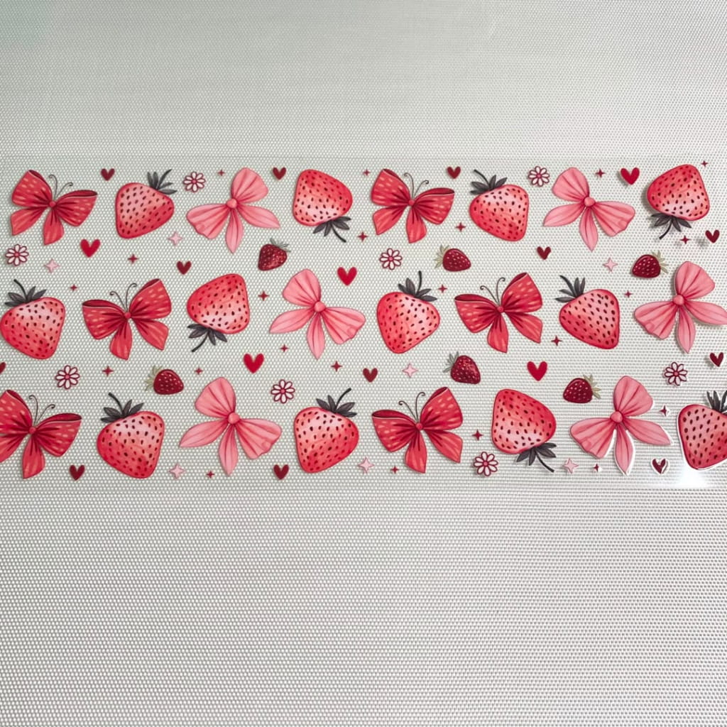 16oz UVDTF Cup Wraps, Fruit , Strawberry With Bow & Bowknot