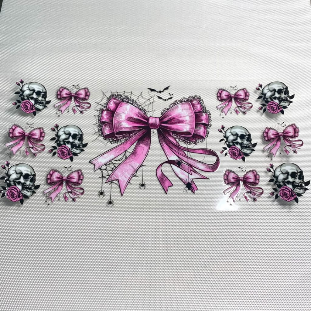 16oz UVDTF Cup Wraps,Halloween ,Spooky Vibes ,Pink Bow With Skull