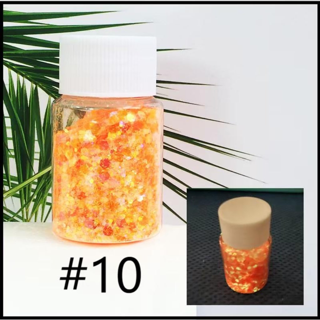 Mixed Fluorescent Laser/Holographic Golden Powder,DIY Luminious Transparent Glitter Sequins,1mm,1 bottle 30ml/1.05floz ,12 Colors