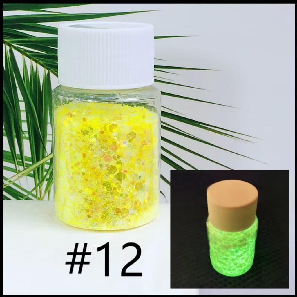 Mixed Fluorescent Laser/Holographic Golden Powder,DIY Luminious Transparent Glitter Sequins,1mm,1 bottle 30ml/1.05floz ,12 Colors