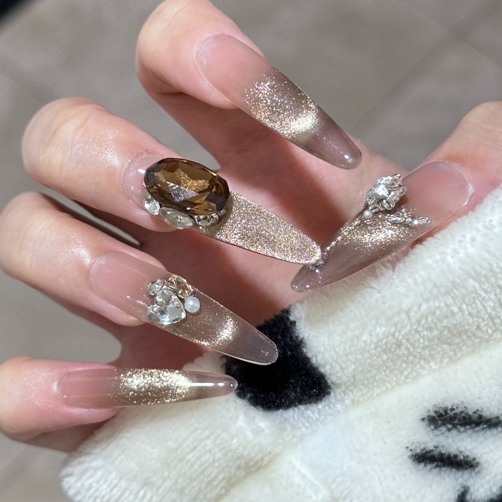 Cat eye Long Thin nails with Rhinestone,Pachinko,Pearl,Coffee color,NK