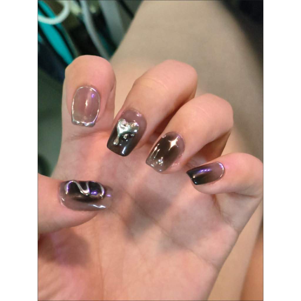 Black  nails with Star Shaped Design,Silvery Heart Design ,NK