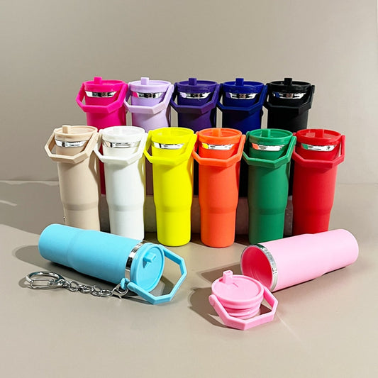 Mini Flip Straw School Stainly Tumbler Cup keychains,Solid Color