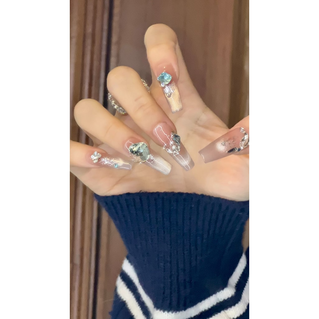 French Style Long-Thin nails with Blue & Butterfly & Little Rhinestone,Shiny Glitter ,YZG