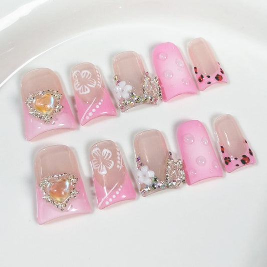 Pink Duck nails with Rhinestone,Butterfly & Heart & Flower Charms,Gradient & French Style,RJ