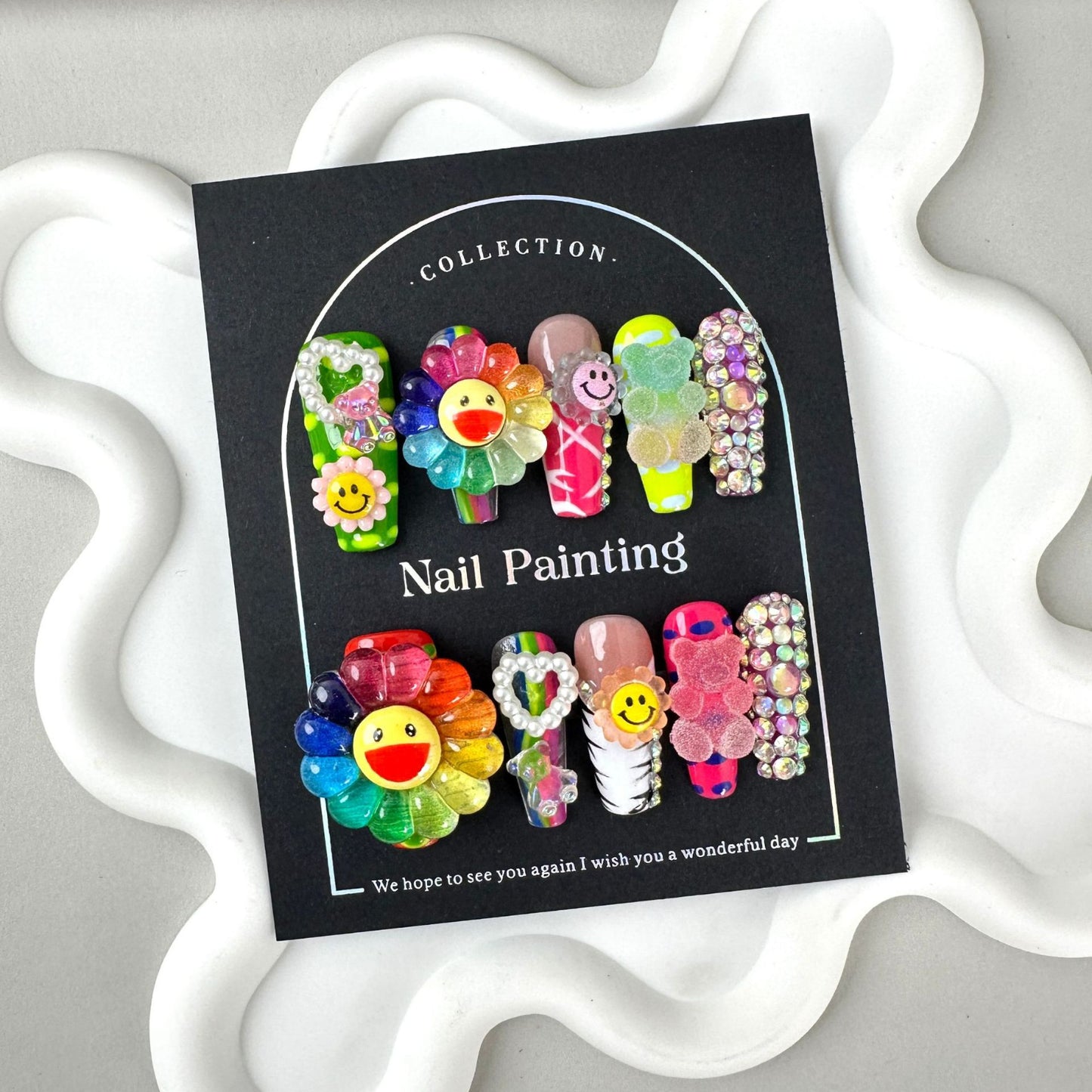Colorful nails with Zebra-stripe Design,Sun Flower & Heart & Bear Charms,Glitter,CY