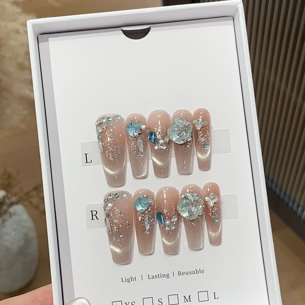 French Style Long-Thin nails with Blue & Butterfly & Little Rhinestone,Shiny Glitter ,YZG