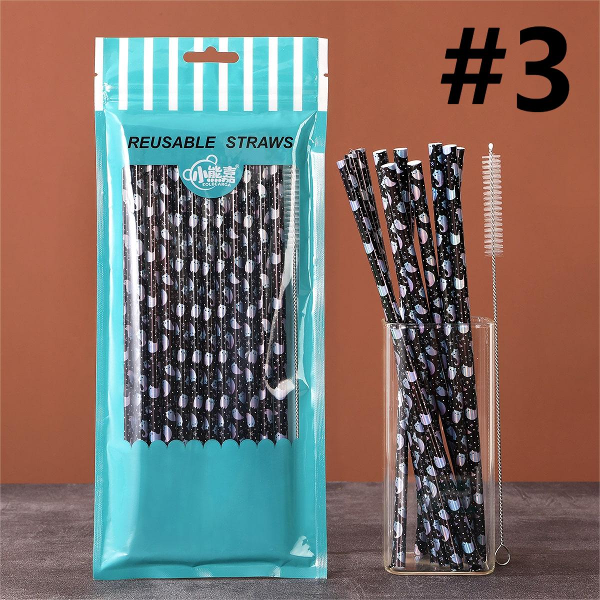Cartoon Halloween Printed Reusable Straw, Random Mix,1 bag 12pcs with Straw Brush