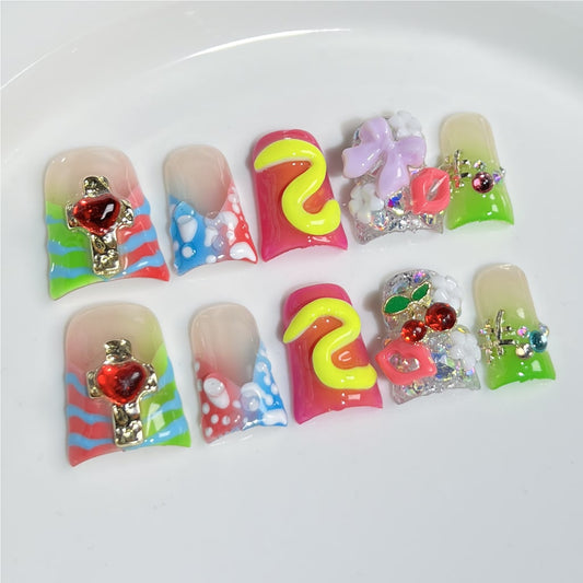 Duck nails with Rhinestone,Cross Alloy & Cherry Alloy & Bow & Flower & Lips Charms,Gradient & French Style,RJ