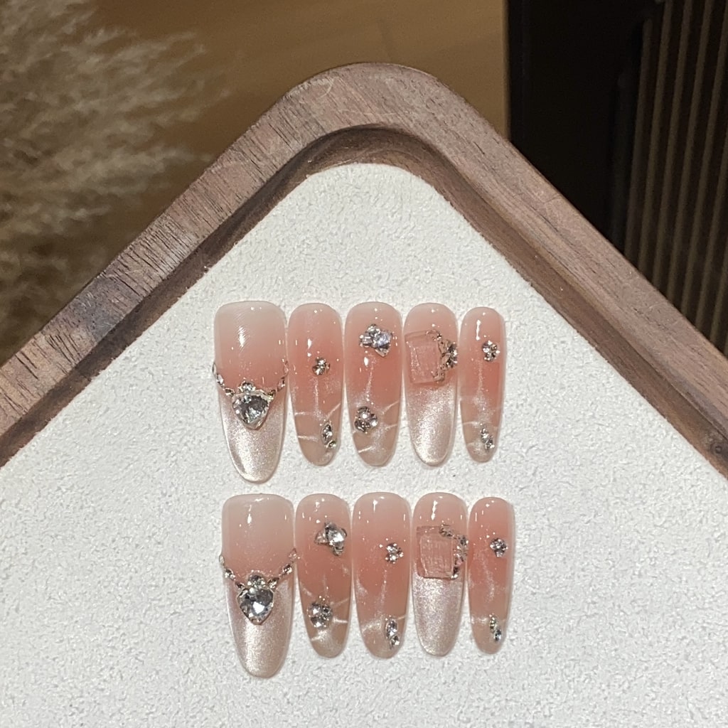 Pink Cat Eye Long-Thin nails with Rhinestone,Water Ripple Design,French Style ,YZG