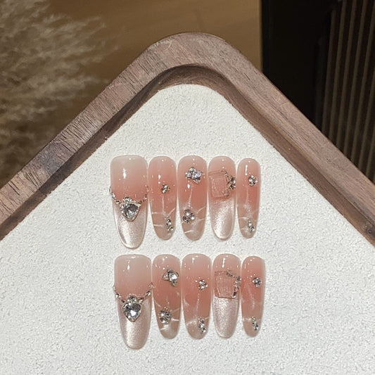 Pink Cat Eye Long-Thin nails with Rhinestone,Water Ripple Design,French Style ,YZG