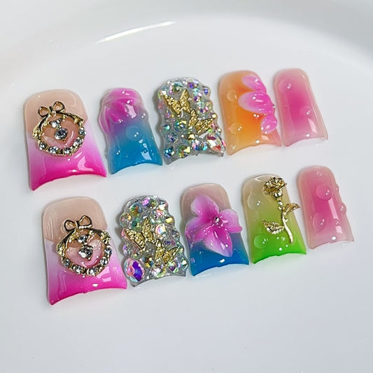 Duck nails with Rhinestone,Butterfly & Bow & 3D Flower Charms,Gradient & French Style,RJ