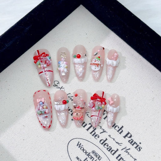 Christmas nails with Colorful Pearls & Pink and Red Bow & Snowman Accessories,Lace