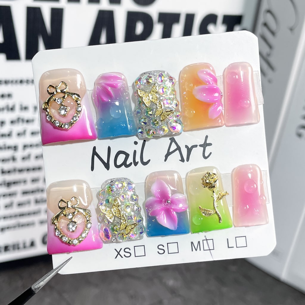 Duck nails with Rhinestone,Butterfly & Bow & 3D Flower Charms,Gradient & French Style,RJ