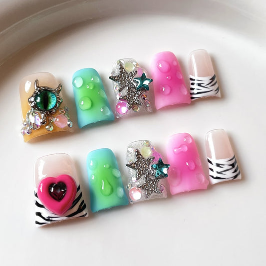 Zebra Duck nails with Rhinestone,Star Alloy & Heart Charms,Gradient & French Style,RJ