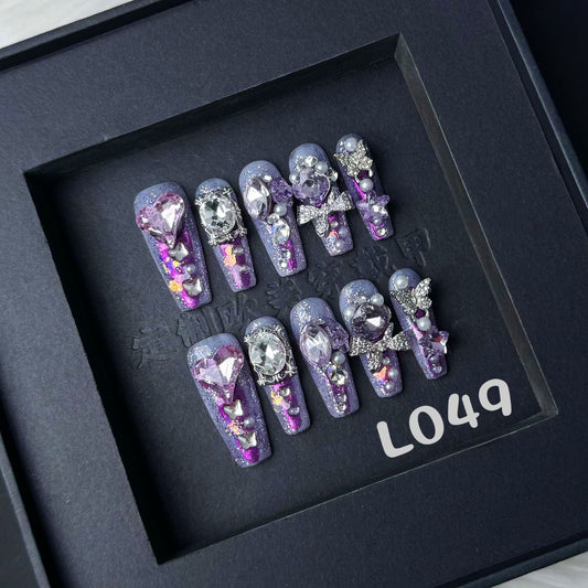 Purple nails with Shiny Glitter,Heart Rhinestone,Bow & Butterfly Charms,CY