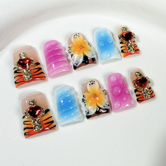 Zebra Lepoard stripe Design 3D Duck nails with Rhinestone,Cross & Flower Charms,Gradient & French Style,RJ