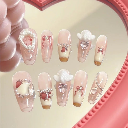 Pink Strawberry nails with Pink Rhinestone,Accessories,Pachinko