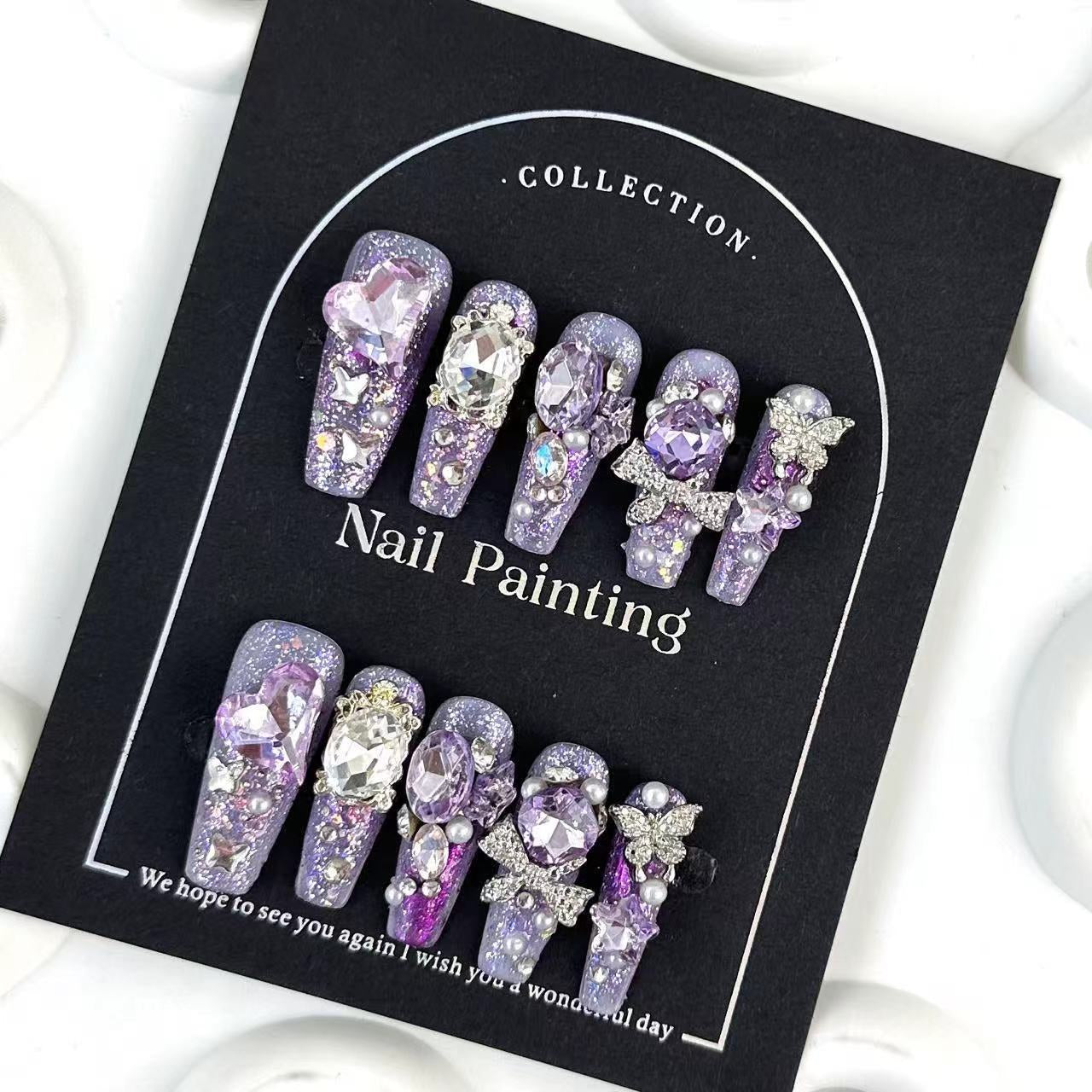 Purple nails with Shiny Glitter,Heart Rhinestone,Bow & Butterfly Charms,CY