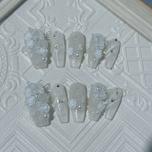 White Transparent nails with Flower & Butterfly & Pearl Accessories ,NK