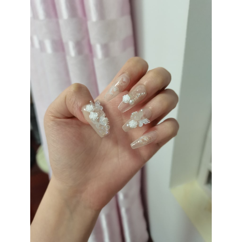 White Transparent nails with Flower & Butterfly & Pearl Accessories ,NK