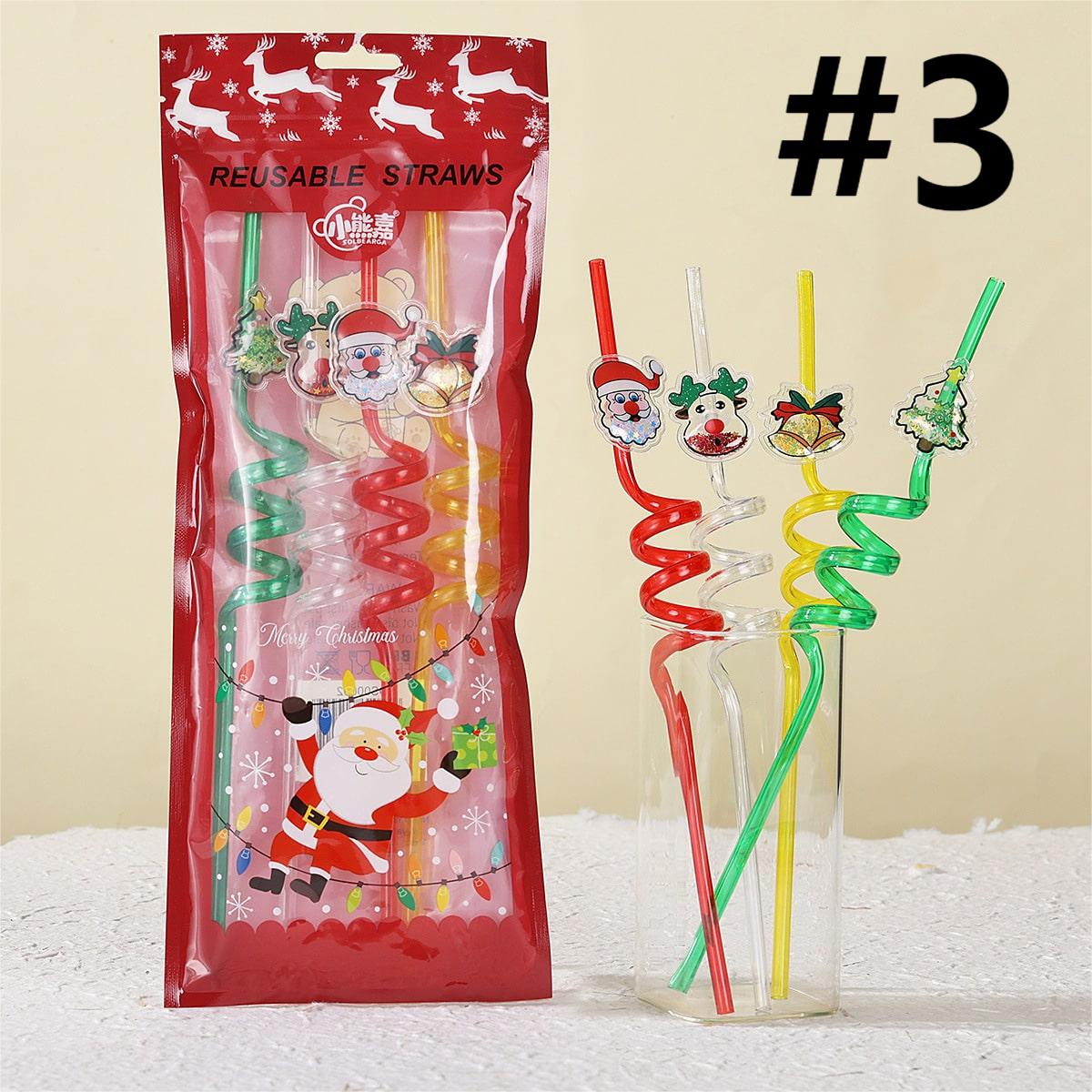 Cartoon Christmas Reusable Spiral Straw, Random Mix,1 bag 4pcs