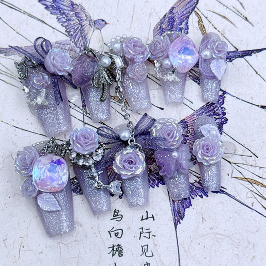 Gorgeous Purple Shiny nails with Rose Flower & Butterfly & Purple Rhinestone & Bow Accessories ,NK