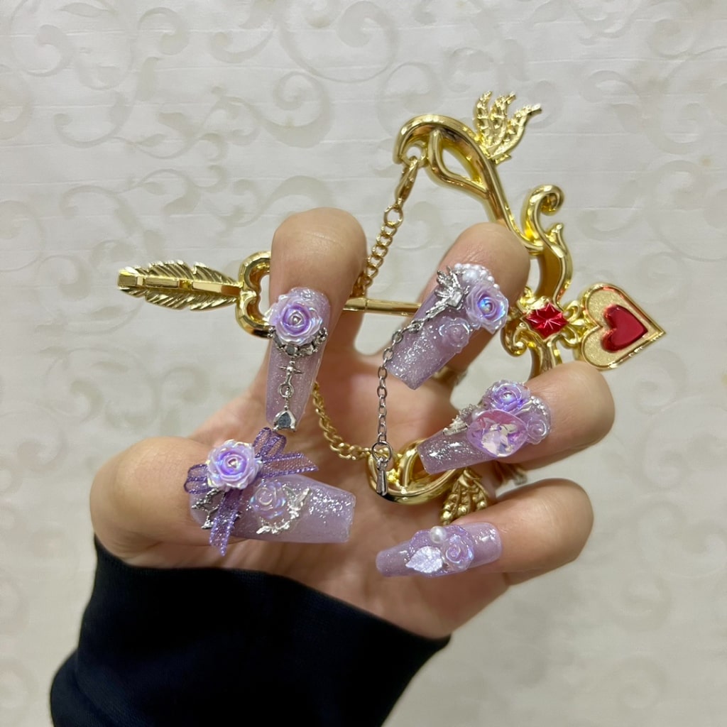 Gorgeous Purple Shiny nails with Rose Flower & Butterfly & Purple Rhinestone & Bow Accessories ,NK