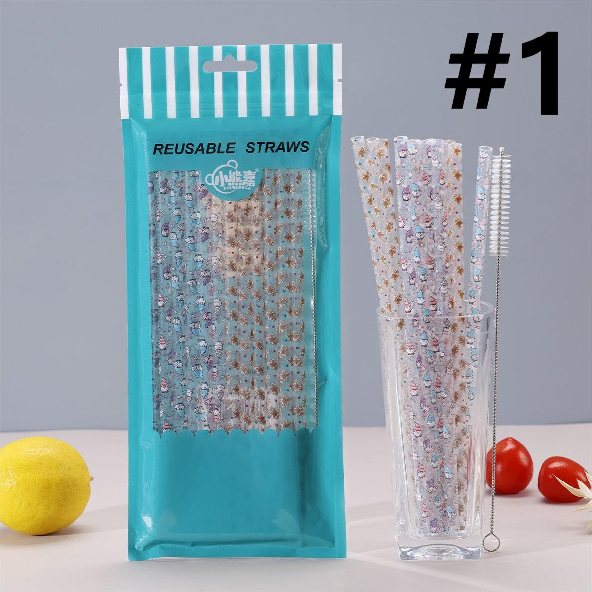 Cartoon Christmas Printed Reusable Straw, Random Mix,1 bag 12pcs with Straw Brush