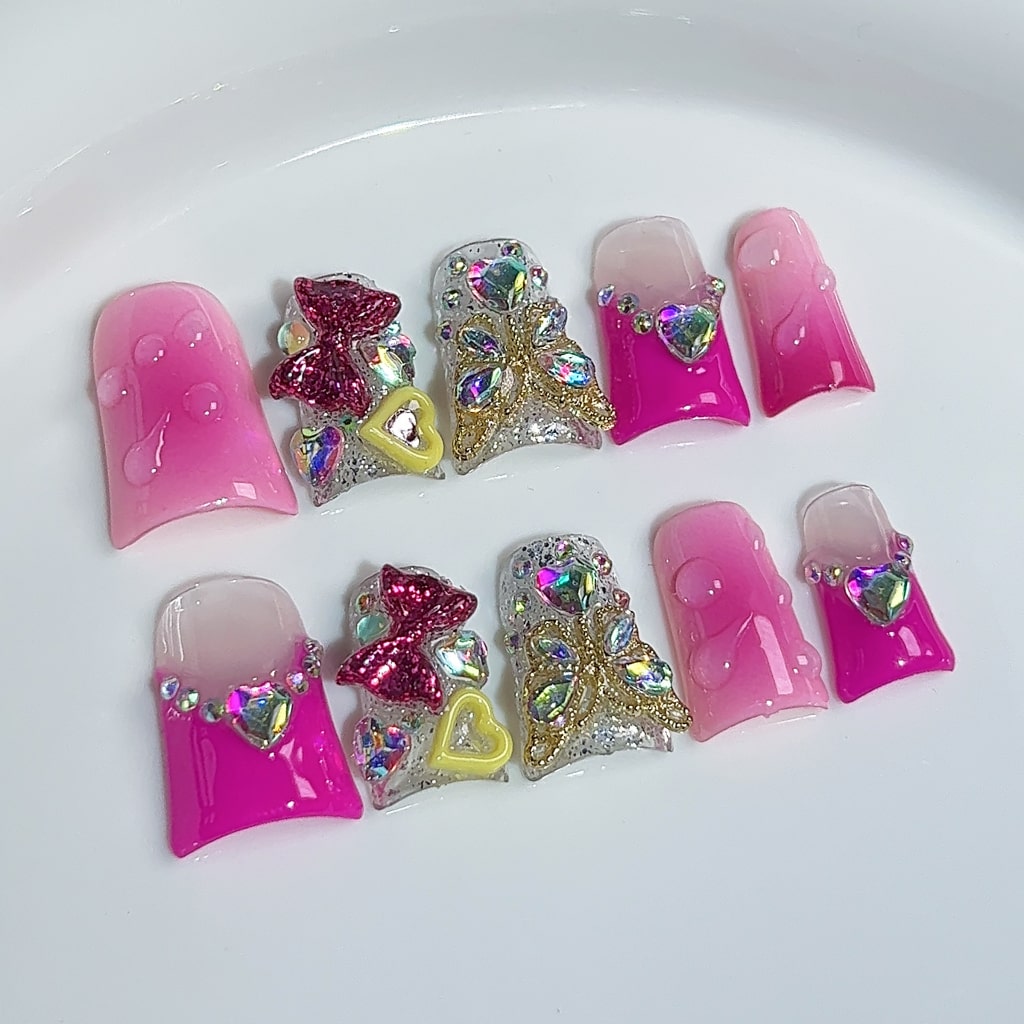 3D Pink Duck nails with Gradient Style,Rhinestone,Heart & Bow & Butterfly Charms,RJ