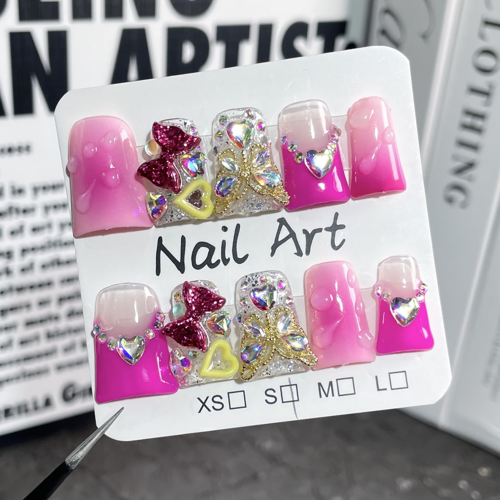 3D Pink Duck nails with Gradient Style,Rhinestone,Heart & Bow & Butterfly Charms,RJ