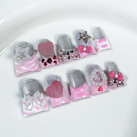 Pink & Silver Duck nails with French Style,Rhinestone,Pearl,Heart & Bow & Star Charms,RJ