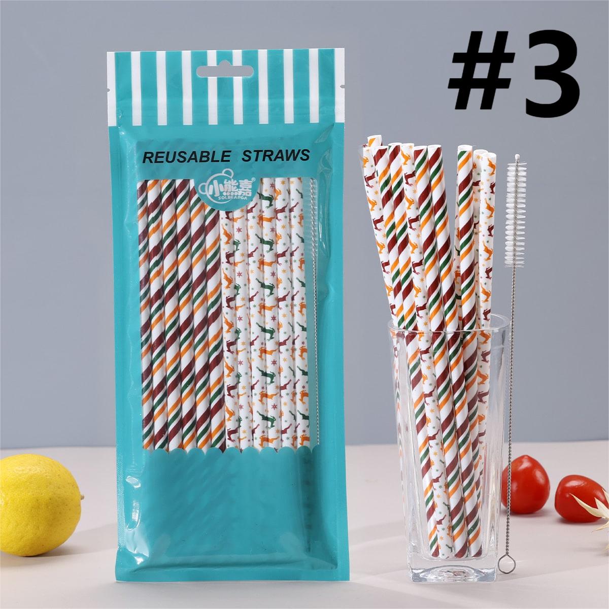 Cartoon Christmas Printed Reusable Straw, Random Mix,1 bag 12pcs with Straw Brush