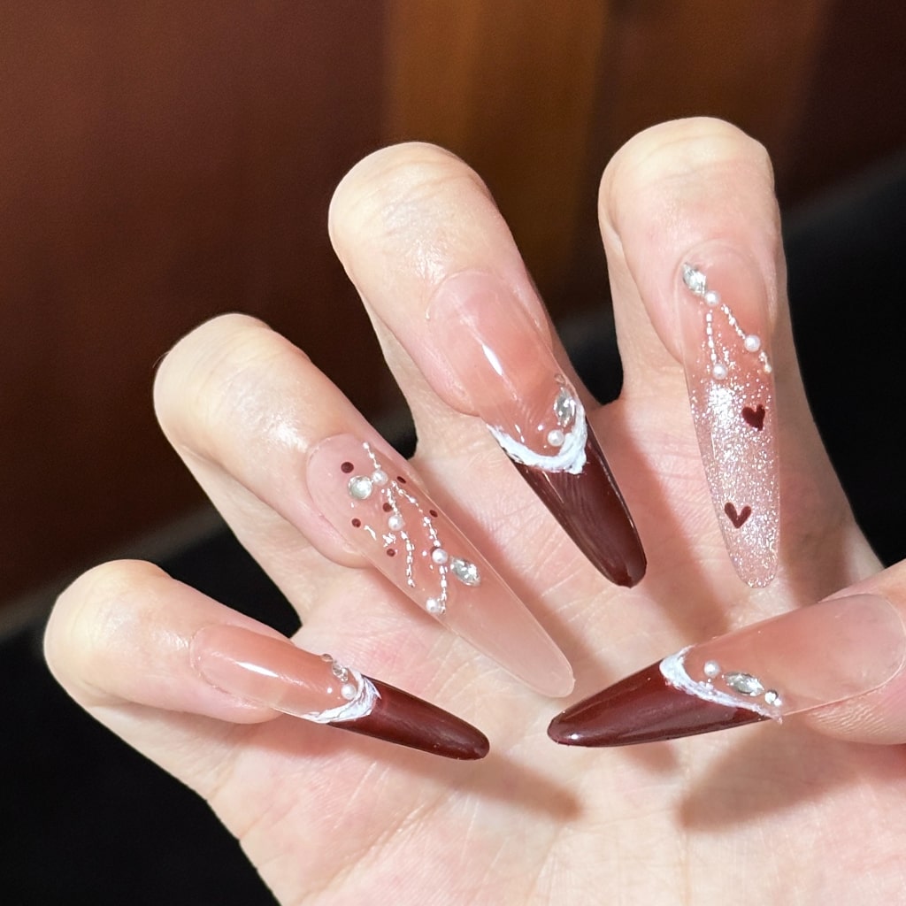 Red Shiny Long-Thin nails with Rhinestone,Pearl,Heart Design,French Style ,YZG