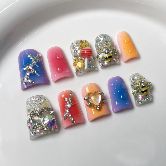 Duck nails with Rhinestone,Bee & Flower & Lollipop & Heart Charms,RJ