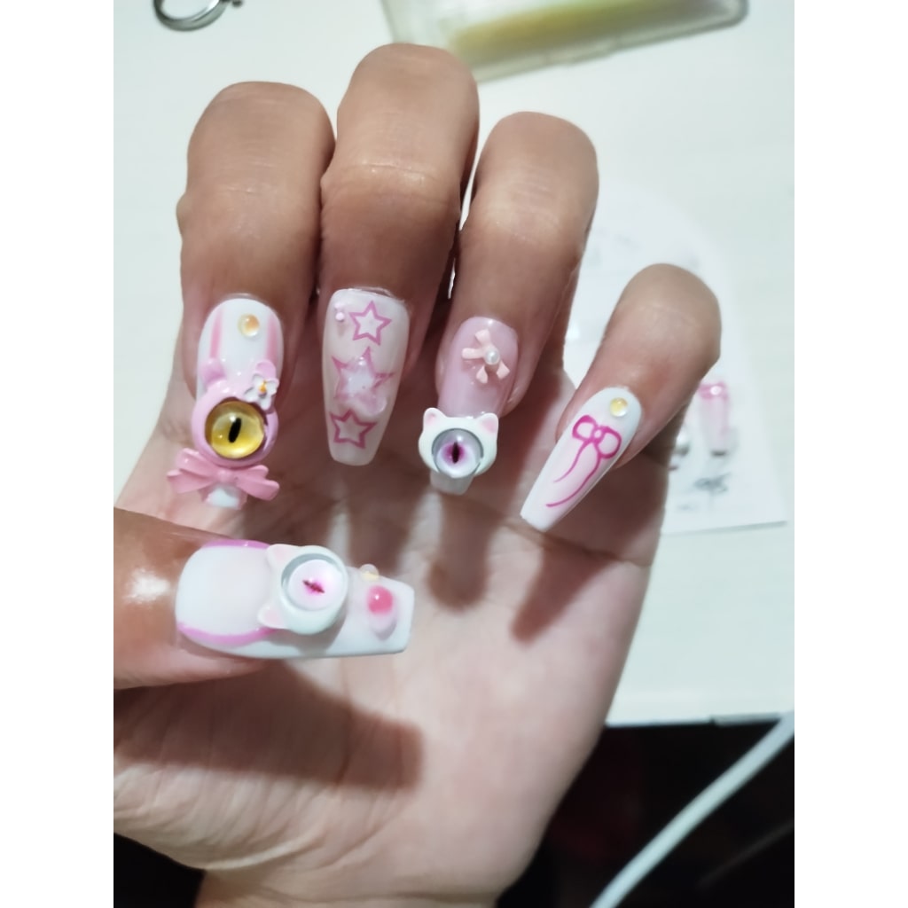Pink-White one-eyed monster nails with Bowknot,Star Shaped  Design,NK