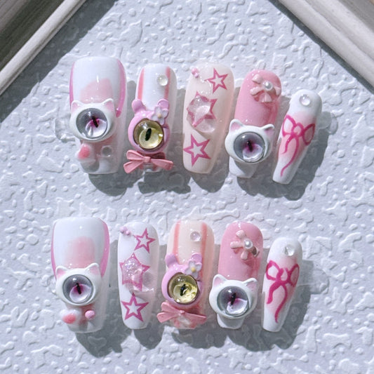 Pink-White one-eyed monster nails with Bowknot,Star Shaped  Design,NK