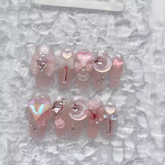 Pink nails with Rose Flower & Butterfly & Bow & Heart & Moon Charms and Small Rhinestone ,NK