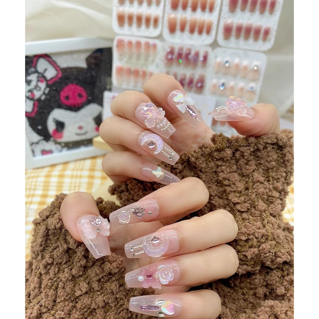 Pink nails with Rose Flower & Butterfly & Bow & Heart & Moon Charms and Small Rhinestone ,NK