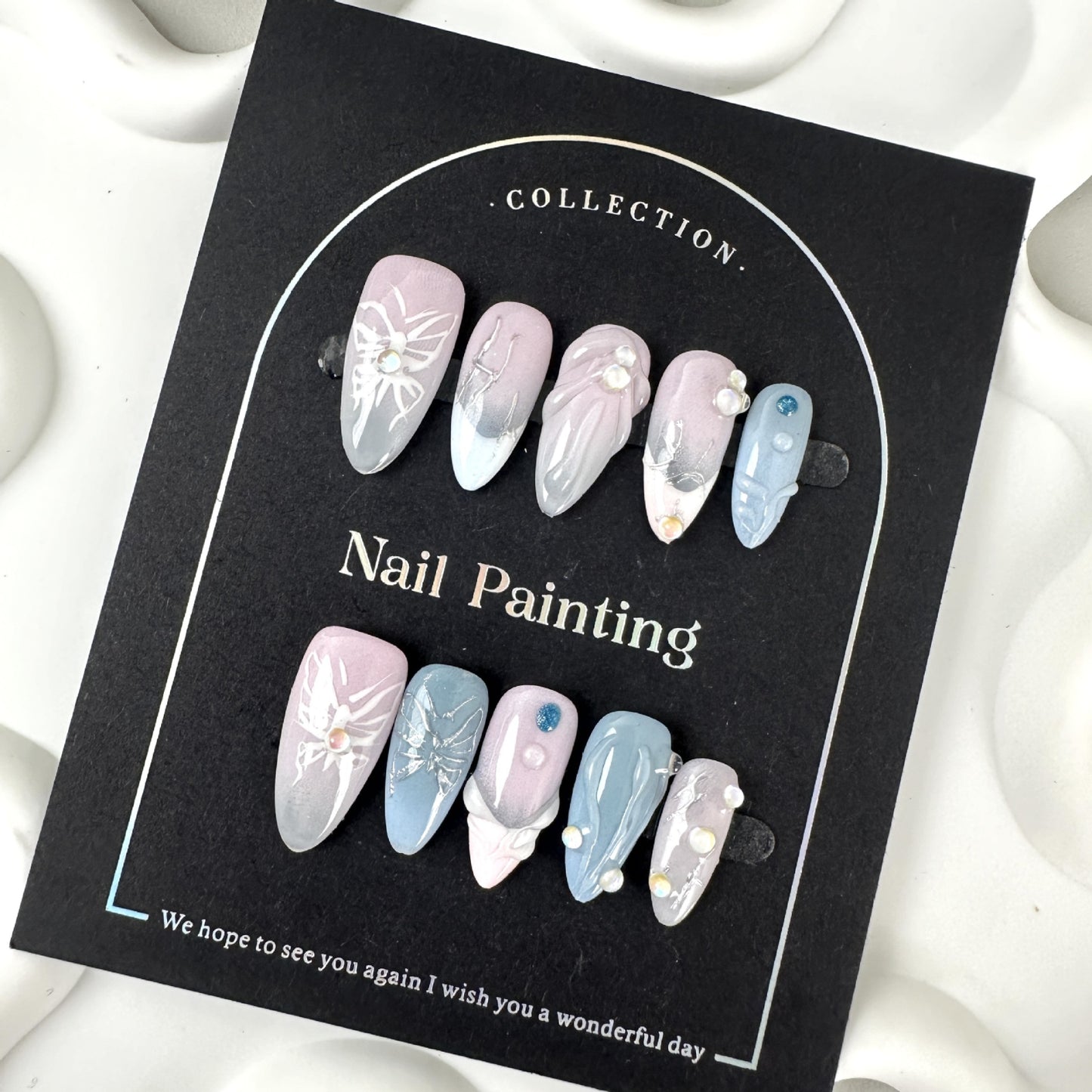 3D  nails with Gradient & French & Butterfly Design,Blue-pink Tones,CY