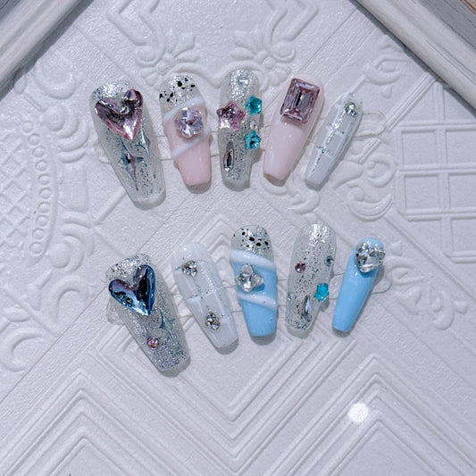 Sweet girl nails with Heart Rhinestone ,Colorful Rhinestone,Silver Shiny Glitter,NK